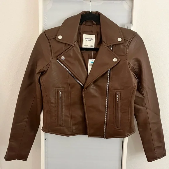 NWT Abercrombie & Fitch Vegan Leather Moto Jacket in Dark Brown - Picture 6 of 9